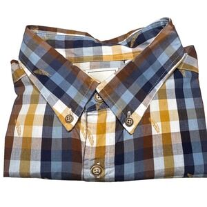 ROWM Button Down Mens L Multicolor Plaid Short Sleeve Feather Embroidered Shirt